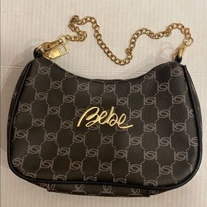 Bebe Small Compact Monogram Brown & Gold Shoulder Bag with removable chain
